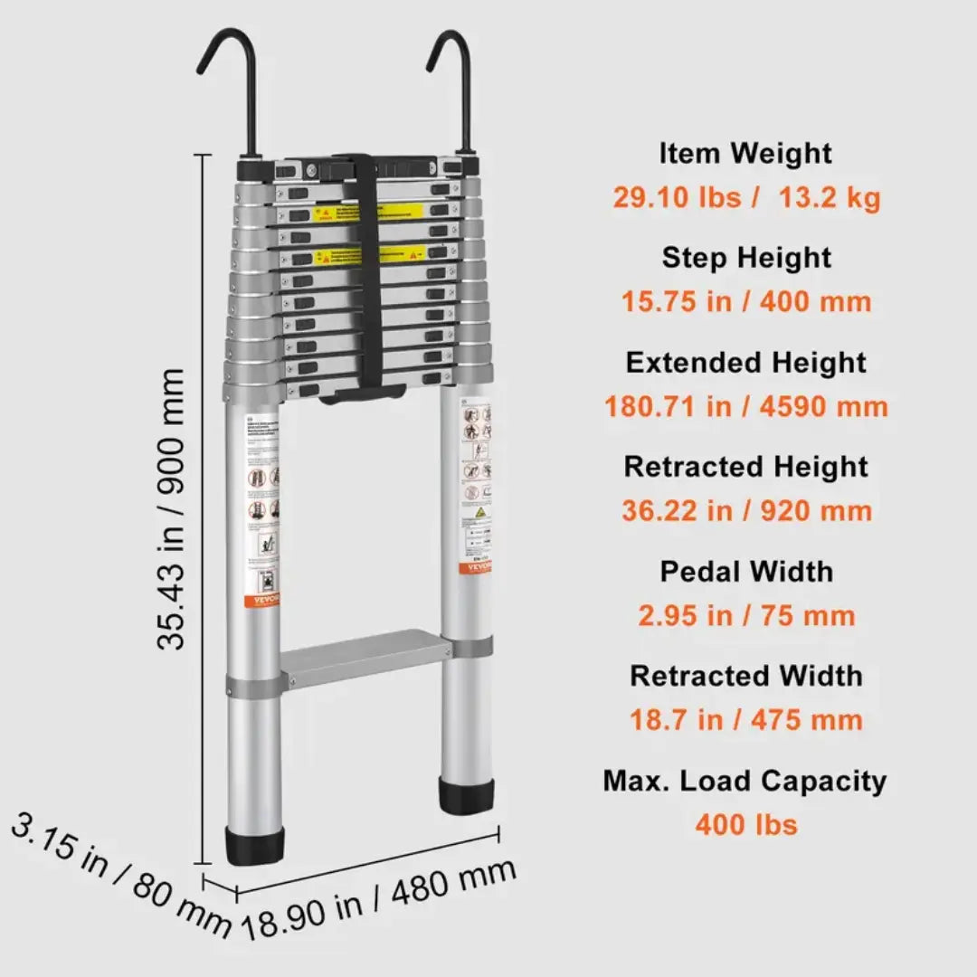 Havrixo 13FT - 3.2M Telescoping Ladder, Heavy Duty Aluminum Extension Ladder, Compact Foldable Multi-Purpose Ladder for Home, Roof, RV & Outdoor Use