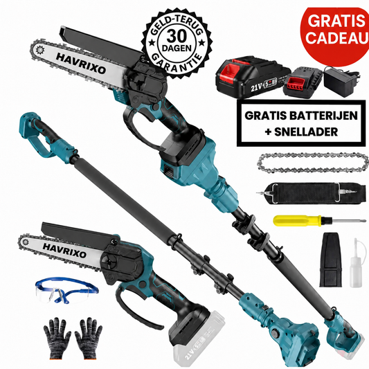 HAVRIXO F2 - Draadloze 2-in-1 stokzaag & mini kettingzaag – 15 cm elektrische boomtrimmer met verlengstok, dubbele batterij en snellader