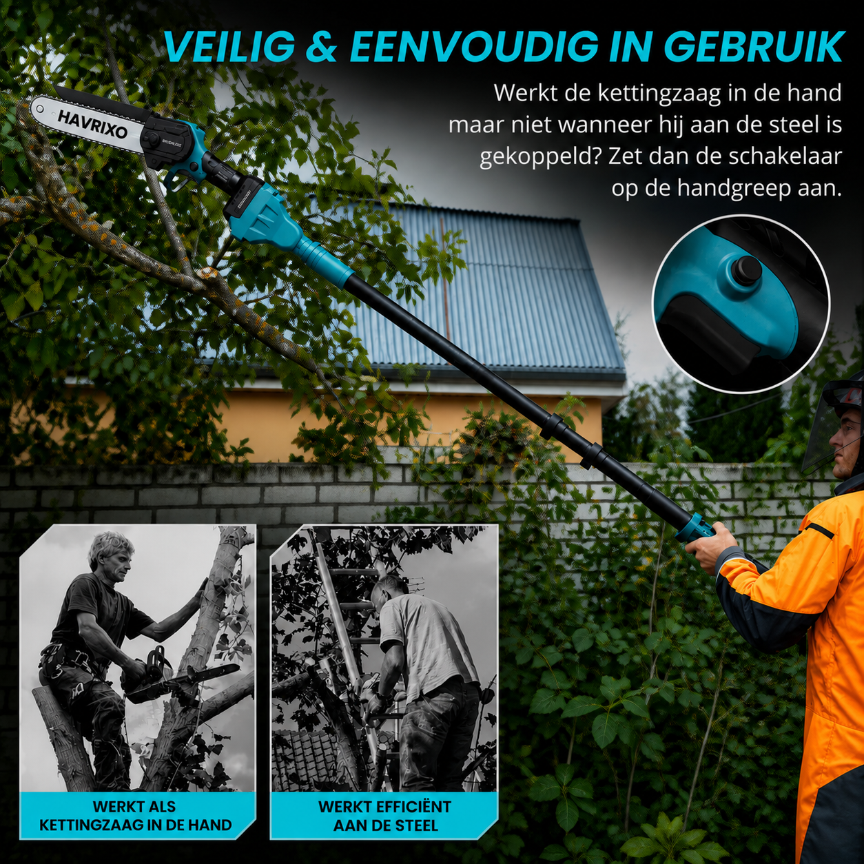 HAVRIXO F2 - Draadloze 2-in-1 stokzaag & mini kettingzaag – 15 cm elektrische boomtrimmer met verlengstok, dubbele batterij en snellader