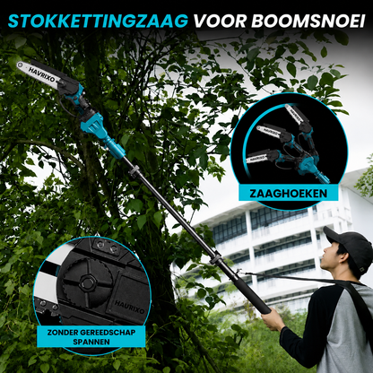 HAVRIXO F2 - Draadloze 2-in-1 stokzaag & mini kettingzaag – 15 cm elektrische boomtrimmer met verlengstok, dubbele batterij en snellader