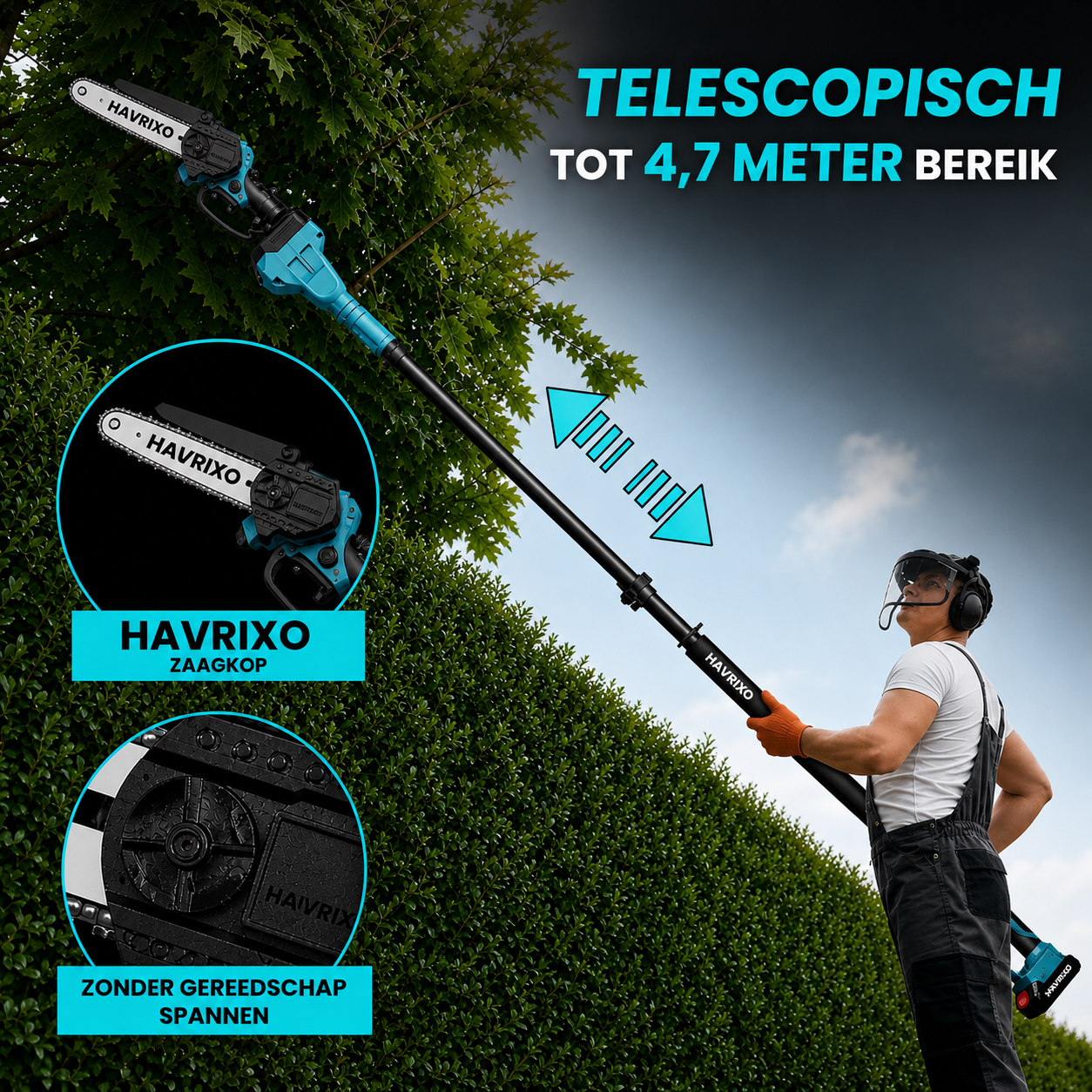 HAVRIXO F2 - Draadloze 2-in-1 stokzaag & mini kettingzaag – 15 cm elektrische boomtrimmer met verlengstok, dubbele batterij en snellader