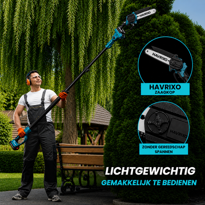 HAVRIXO F2 - Draadloze 2-in-1 stokzaag & mini kettingzaag – 15 cm elektrische boomtrimmer met verlengstok, dubbele batterij en snellader
