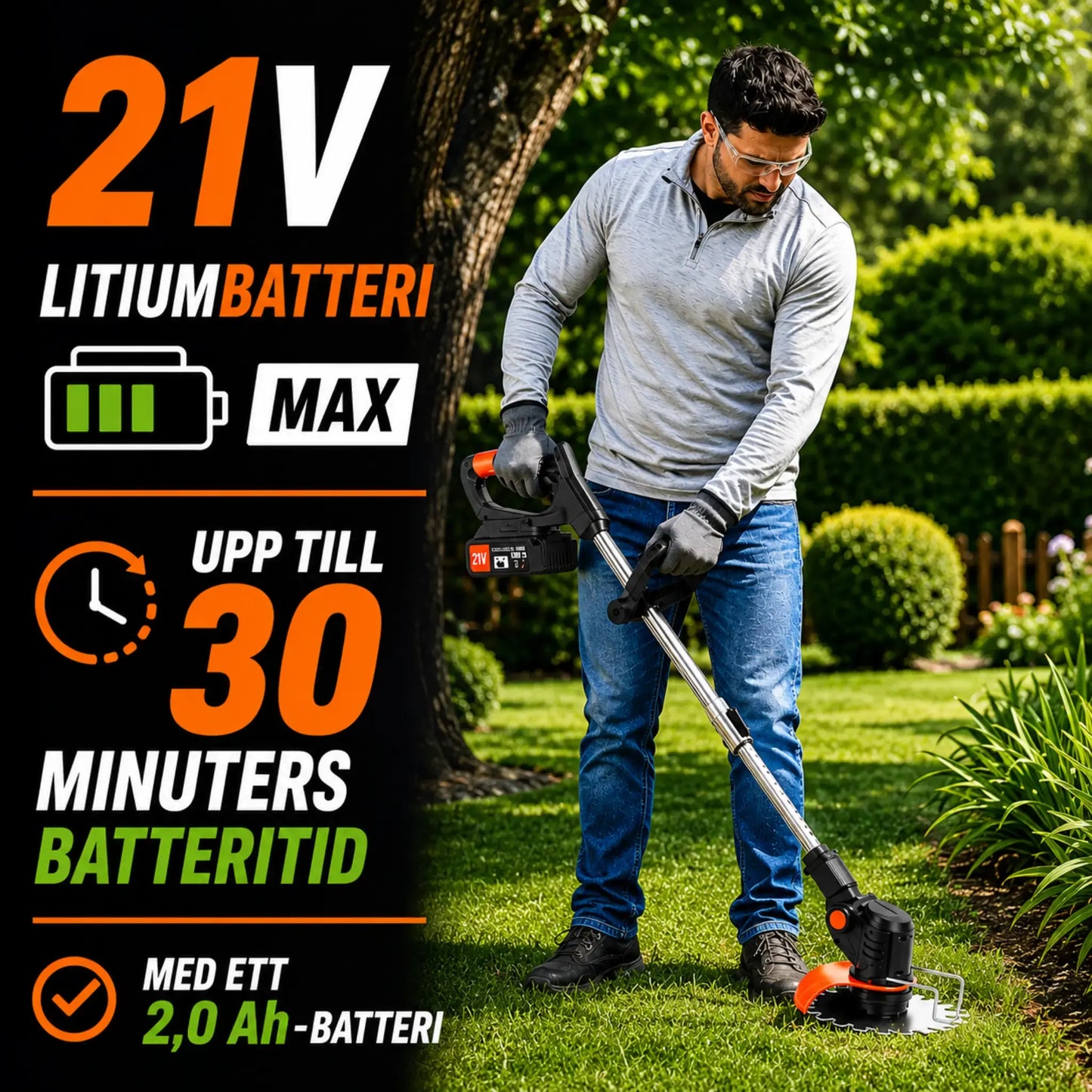 Havrixo Electric S4-röjsåg 21V med batteri och 3 olika blad – kraftfull och sladdlös grästrimmer för trädgård och gräsmatta
